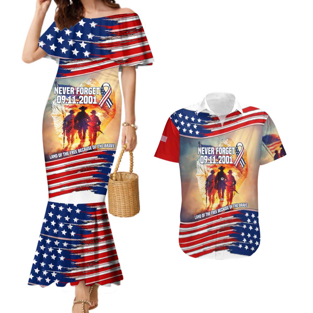 911 Memorial Patriot Day Couples Matching Mermaid Dress and Hawaiian Shirt American Flag and Soldier Tribute Never Forget - Wonder Print Shop