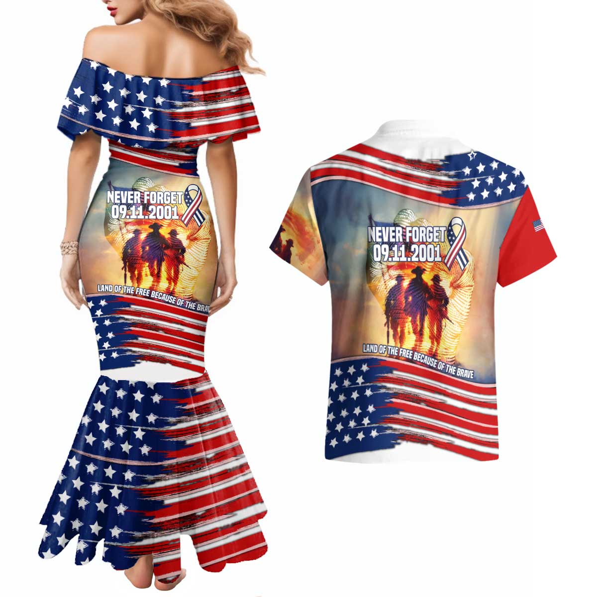 911 Memorial Patriot Day Couples Matching Mermaid Dress and Hawaiian Shirt American Flag and Soldier Tribute Never Forget - Wonder Print Shop