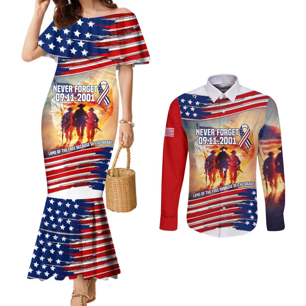 911 Memorial Patriot Day Couples Matching Mermaid Dress and Long Sleeve Button Shirt American Flag and Soldier Tribute Never Forget - Wonder Print Shop