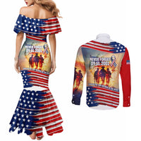 911 Memorial Patriot Day Couples Matching Mermaid Dress and Long Sleeve Button Shirt American Flag and Soldier Tribute Never Forget - Wonder Print Shop