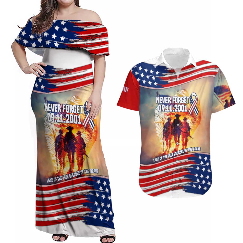911 Memorial Patriot Day Couples Matching Off Shoulder Maxi Dress and Hawaiian Shirt American Flag and Soldier Tribute Never Forget - Wonder Print Shop