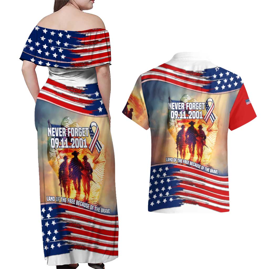 911 Memorial Patriot Day Couples Matching Off Shoulder Maxi Dress and Hawaiian Shirt American Flag and Soldier Tribute Never Forget - Wonder Print Shop