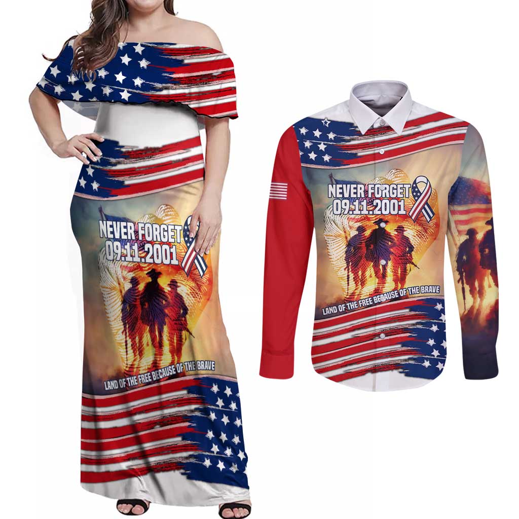 911 Memorial Patriot Day Couples Matching Off Shoulder Maxi Dress and Long Sleeve Button Shirt American Flag and Soldier Tribute Never Forget - Wonder Print Shop
