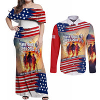 911 Memorial Patriot Day Couples Matching Off Shoulder Maxi Dress and Long Sleeve Button Shirt American Flag and Soldier Tribute Never Forget - Wonder Print Shop