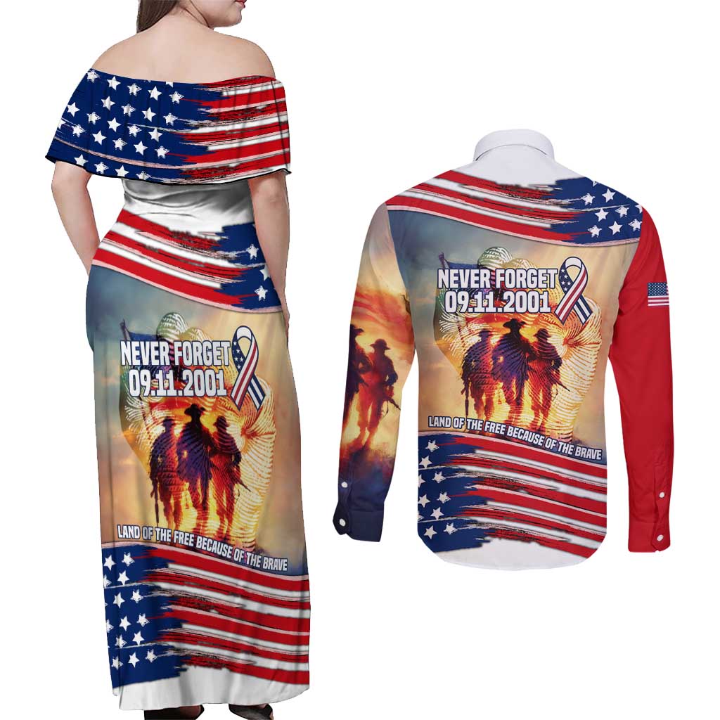 911 Memorial Patriot Day Couples Matching Off Shoulder Maxi Dress and Long Sleeve Button Shirt American Flag and Soldier Tribute Never Forget - Wonder Print Shop