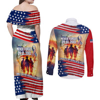 911 Memorial Patriot Day Couples Matching Off Shoulder Maxi Dress and Long Sleeve Button Shirt American Flag and Soldier Tribute Never Forget - Wonder Print Shop