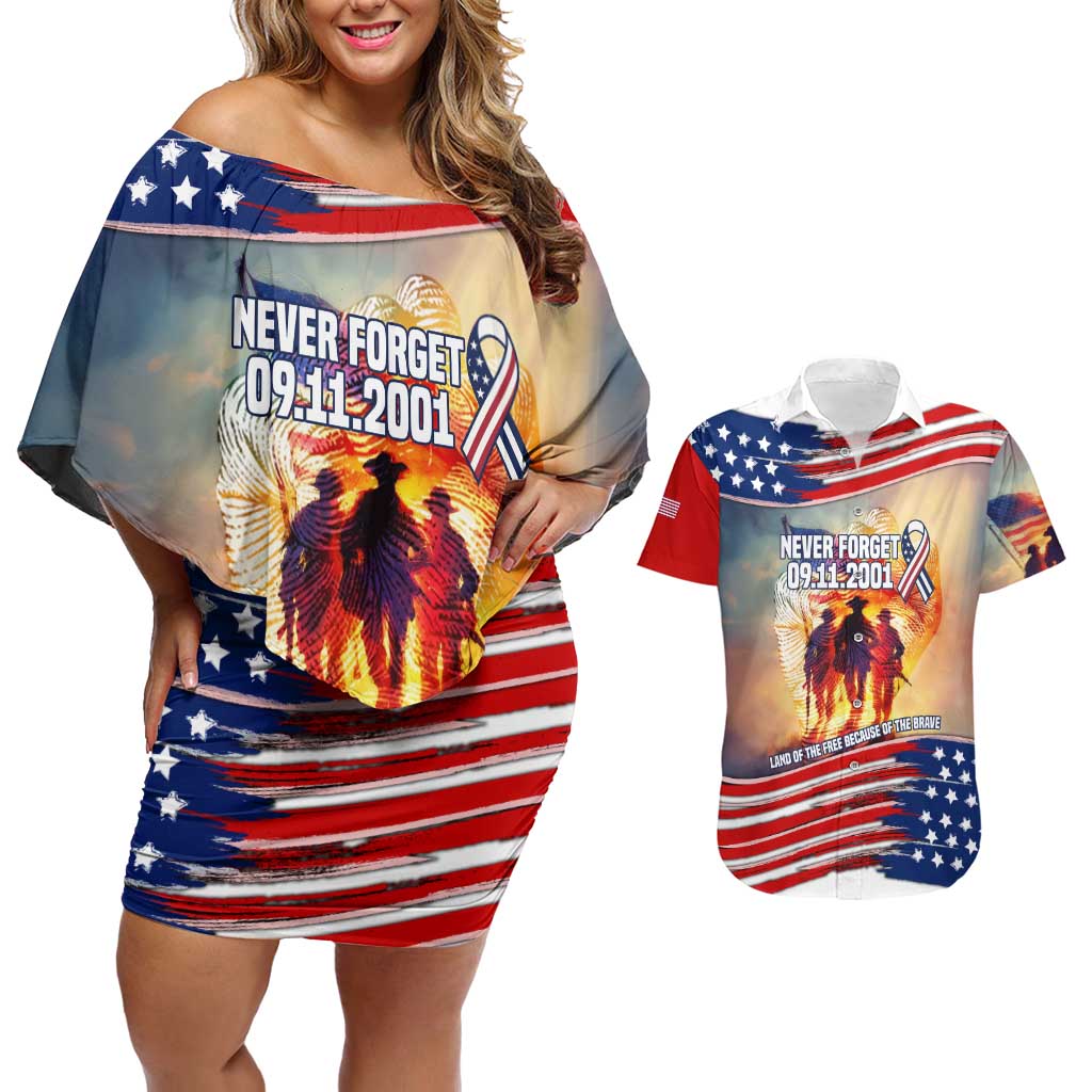 911 Memorial Patriot Day Couples Matching Off Shoulder Short Dress and Hawaiian Shirt American Flag and Soldier Tribute Never Forget - Wonder Print Shop
