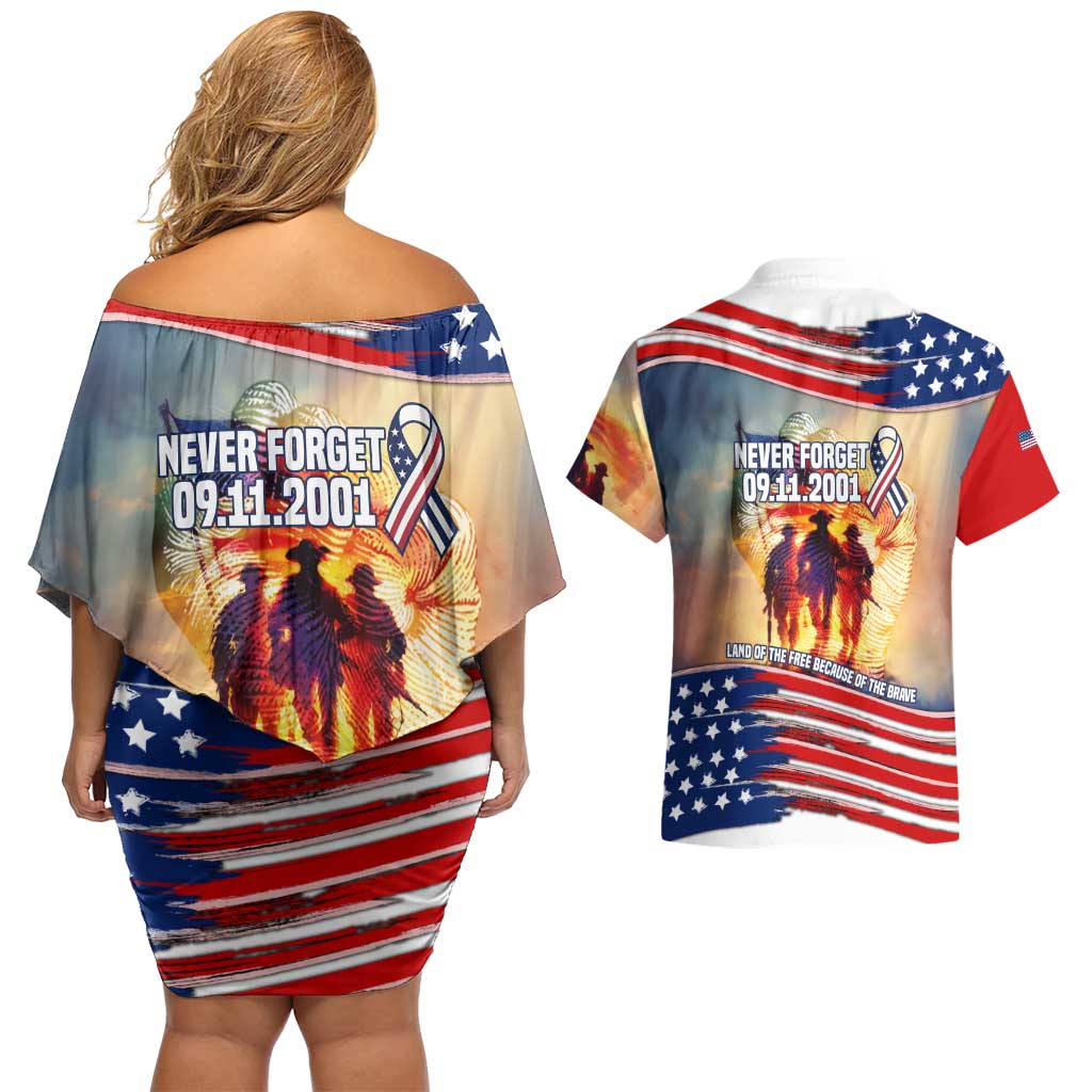 911 Memorial Patriot Day Couples Matching Off Shoulder Short Dress and Hawaiian Shirt American Flag and Soldier Tribute Never Forget - Wonder Print Shop