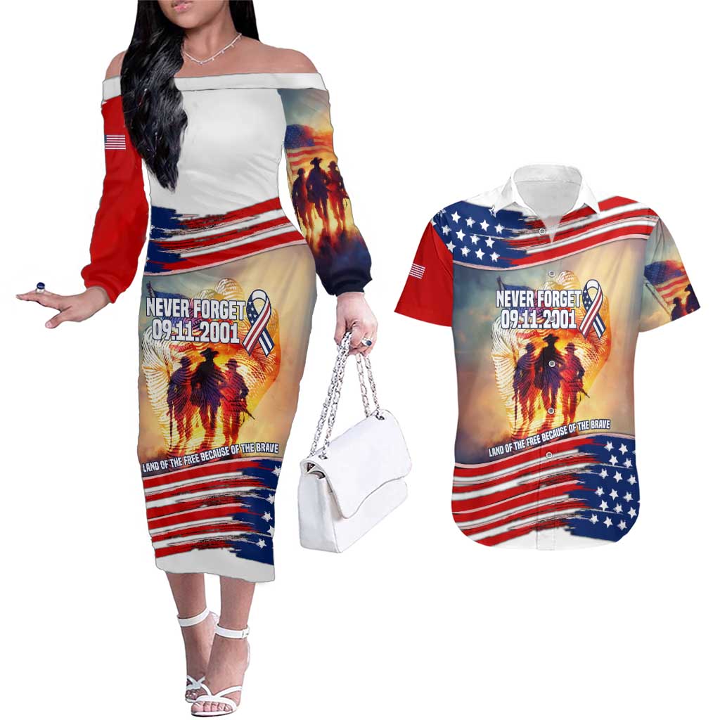 911 Memorial Patriot Day Couples Matching Off The Shoulder Long Sleeve Dress and Hawaiian Shirt American Flag and Soldier Tribute Never Forget - Wonder Print Shop
