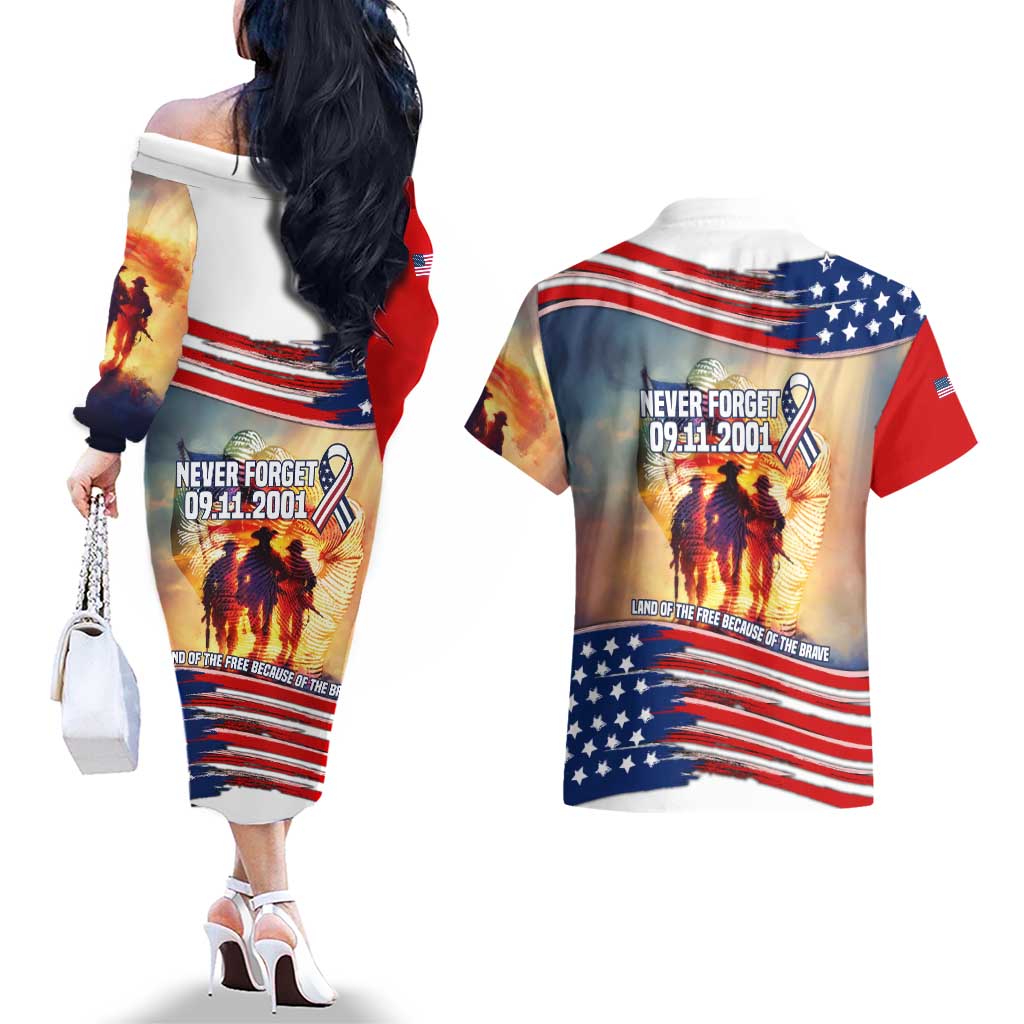 911 Memorial Patriot Day Couples Matching Off The Shoulder Long Sleeve Dress and Hawaiian Shirt American Flag and Soldier Tribute Never Forget - Wonder Print Shop