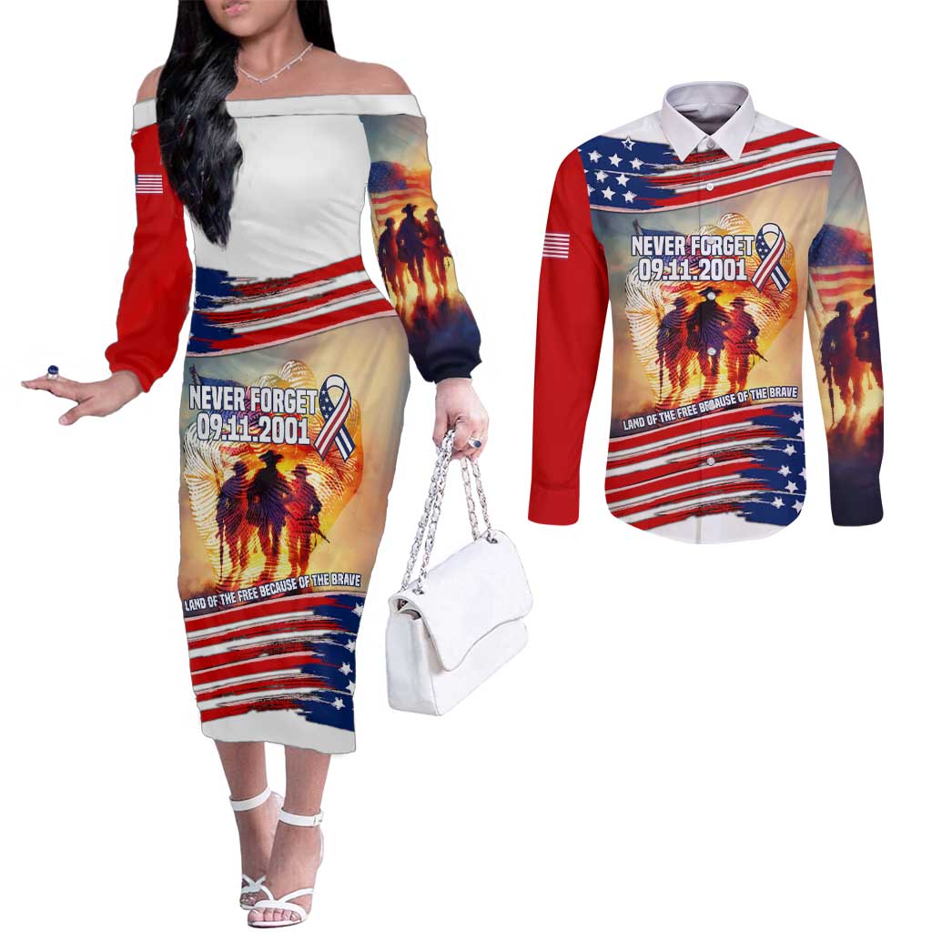 911 Memorial Patriot Day Couples Matching Off The Shoulder Long Sleeve Dress and Long Sleeve Button Shirt American Flag and Soldier Tribute Never Forget - Wonder Print Shop