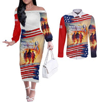 911 Memorial Patriot Day Couples Matching Off The Shoulder Long Sleeve Dress and Long Sleeve Button Shirt American Flag and Soldier Tribute Never Forget - Wonder Print Shop