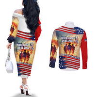 911 Memorial Patriot Day Couples Matching Off The Shoulder Long Sleeve Dress and Long Sleeve Button Shirt American Flag and Soldier Tribute Never Forget - Wonder Print Shop