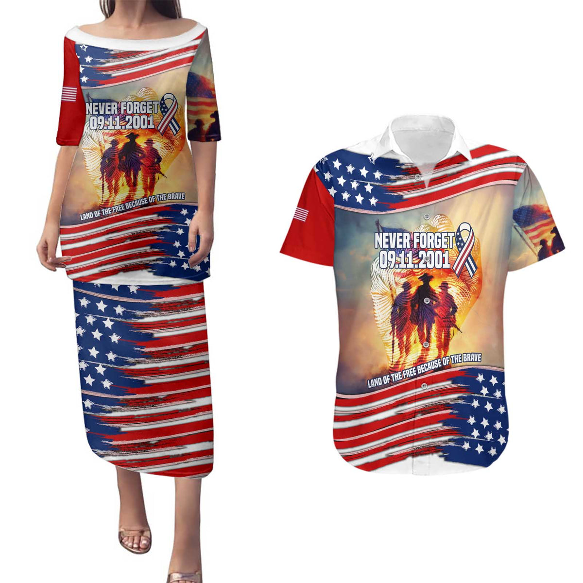 911 Memorial Patriot Day Couples Matching Puletasi and Hawaiian Shirt American Flag and Soldier Tribute Never Forget - Wonder Print Shop