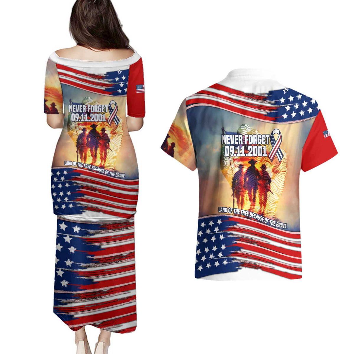 911 Memorial Patriot Day Couples Matching Puletasi and Hawaiian Shirt American Flag and Soldier Tribute Never Forget - Wonder Print Shop