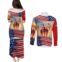 911 Memorial Patriot Day Couples Matching Puletasi and Long Sleeve Button Shirt American Flag and Soldier Tribute Never Forget - Wonder Print Shop
