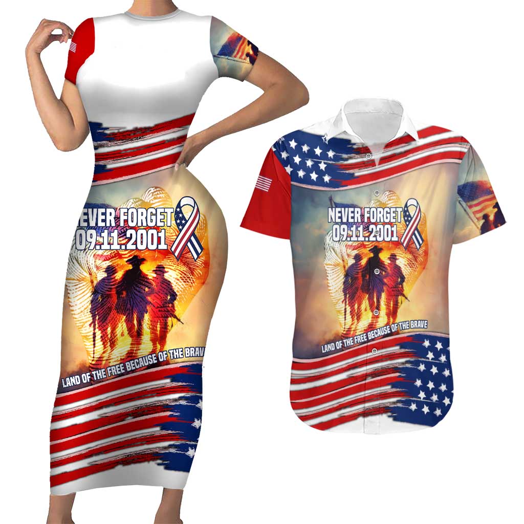 911 Memorial Patriot Day Couples Matching Short Sleeve Bodycon Dress and Hawaiian Shirt American Flag and Soldier Tribute Never Forget - Wonder Print Shop