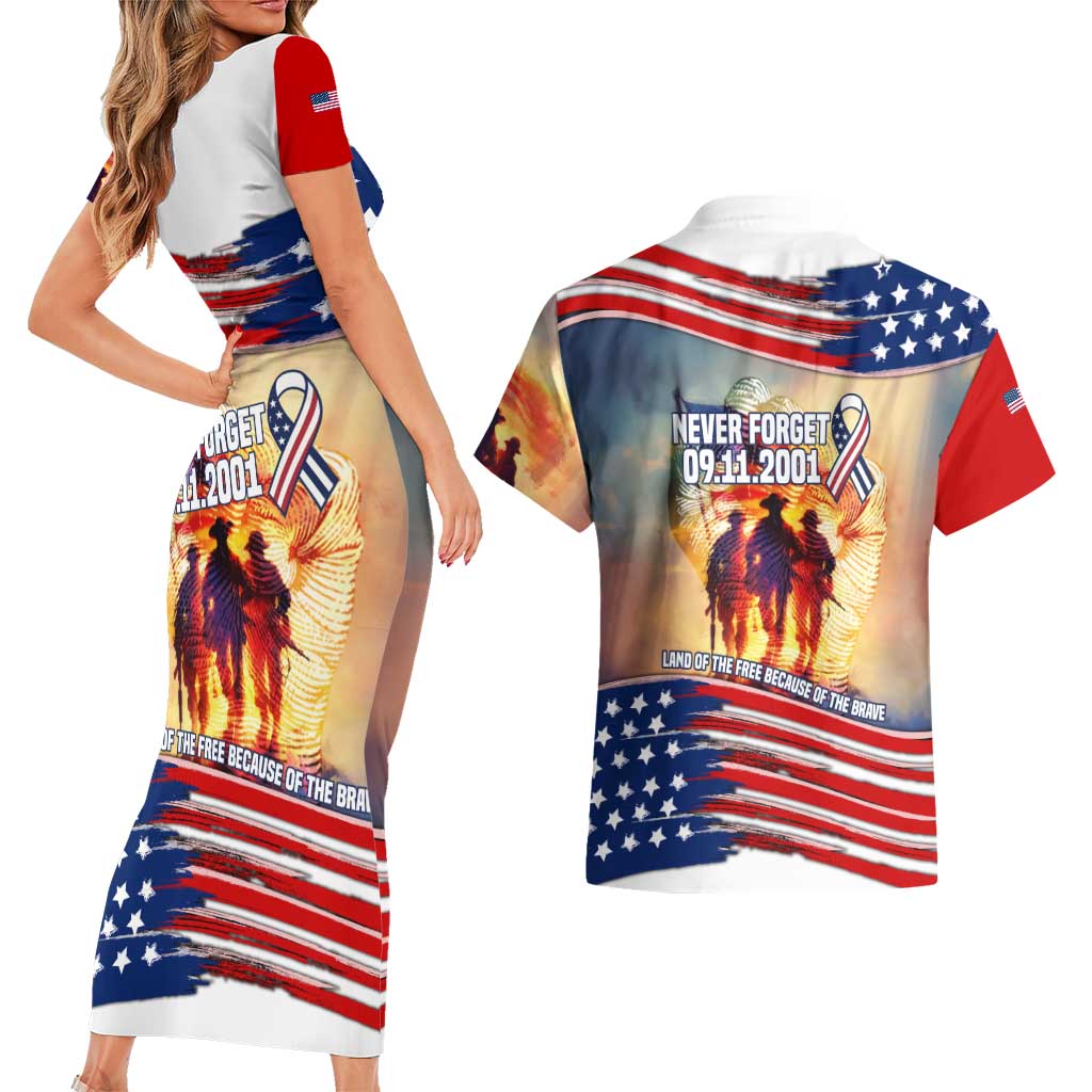 911 Memorial Patriot Day Couples Matching Short Sleeve Bodycon Dress and Hawaiian Shirt American Flag and Soldier Tribute Never Forget - Wonder Print Shop