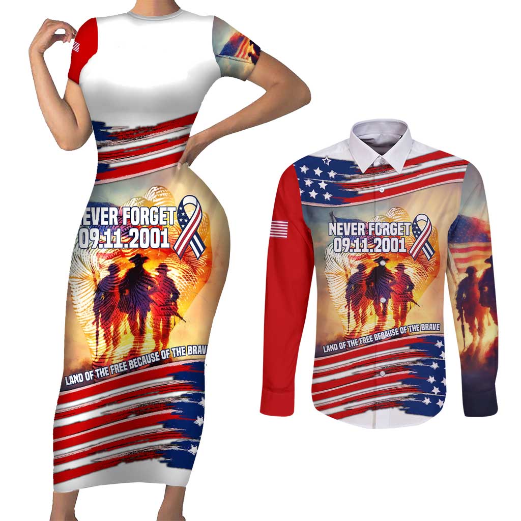 911 Memorial Patriot Day Couples Matching Short Sleeve Bodycon Dress and Long Sleeve Button Shirt American Flag and Soldier Tribute Never Forget - Wonder Print Shop