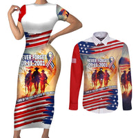 911 Memorial Patriot Day Couples Matching Short Sleeve Bodycon Dress and Long Sleeve Button Shirt American Flag and Soldier Tribute Never Forget - Wonder Print Shop