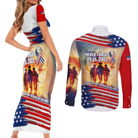 911 Memorial Patriot Day Couples Matching Short Sleeve Bodycon Dress and Long Sleeve Button Shirt American Flag and Soldier Tribute Never Forget - Wonder Print Shop