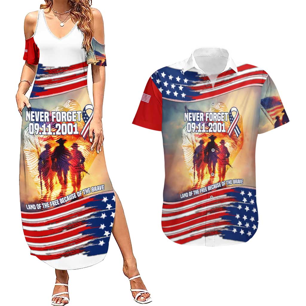 911 Memorial Patriot Day Couples Matching Summer Maxi Dress and Hawaiian Shirt American Flag and Soldier Tribute Never Forget - Wonder Print Shop