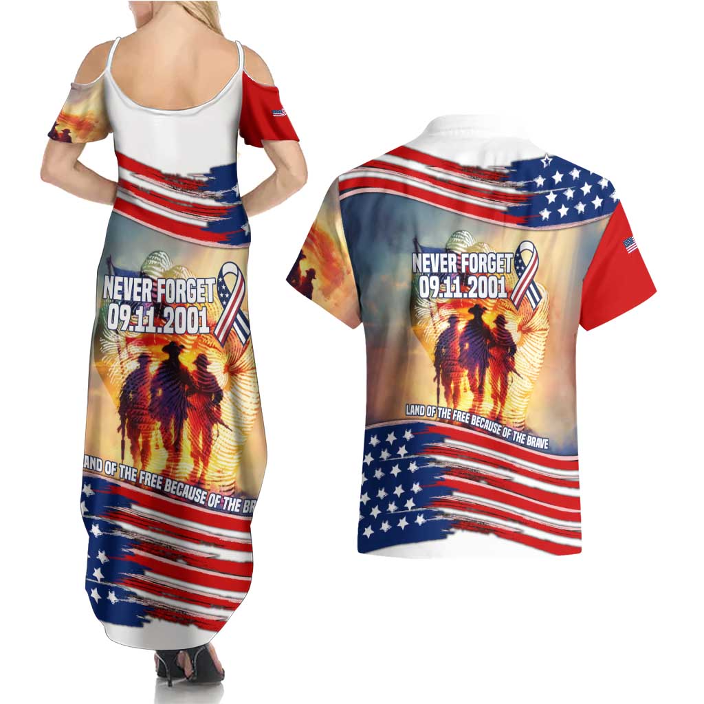 911 Memorial Patriot Day Couples Matching Summer Maxi Dress and Hawaiian Shirt American Flag and Soldier Tribute Never Forget - Wonder Print Shop