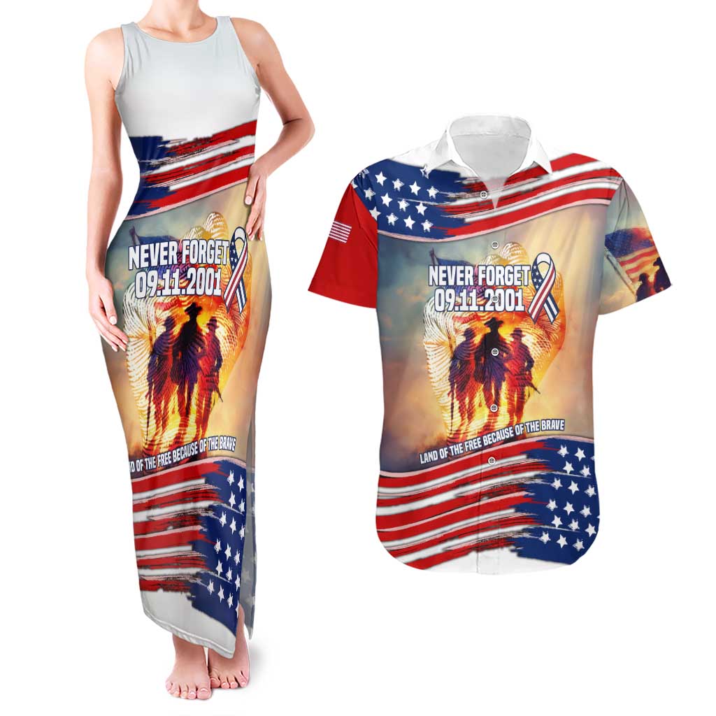 911 Memorial Patriot Day Couples Matching Tank Maxi Dress and Hawaiian Shirt American Flag and Soldier Tribute Never Forget - Wonder Print Shop
