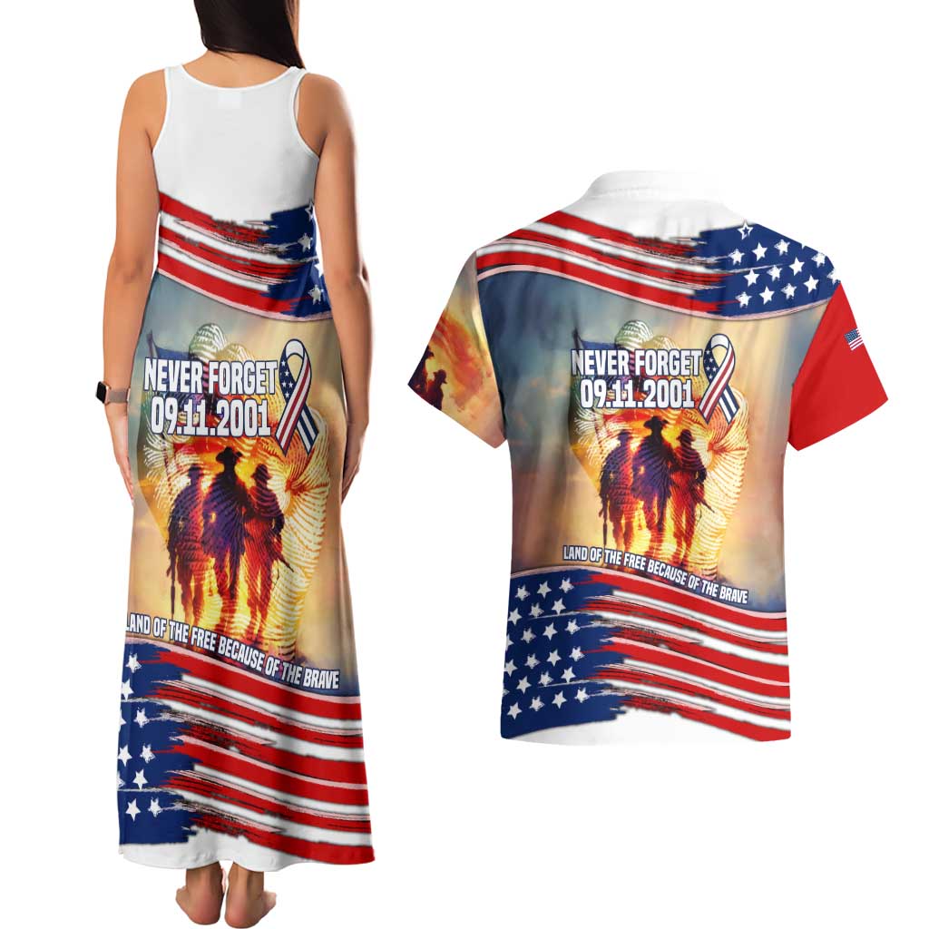 911 Memorial Patriot Day Couples Matching Tank Maxi Dress and Hawaiian Shirt American Flag and Soldier Tribute Never Forget - Wonder Print Shop