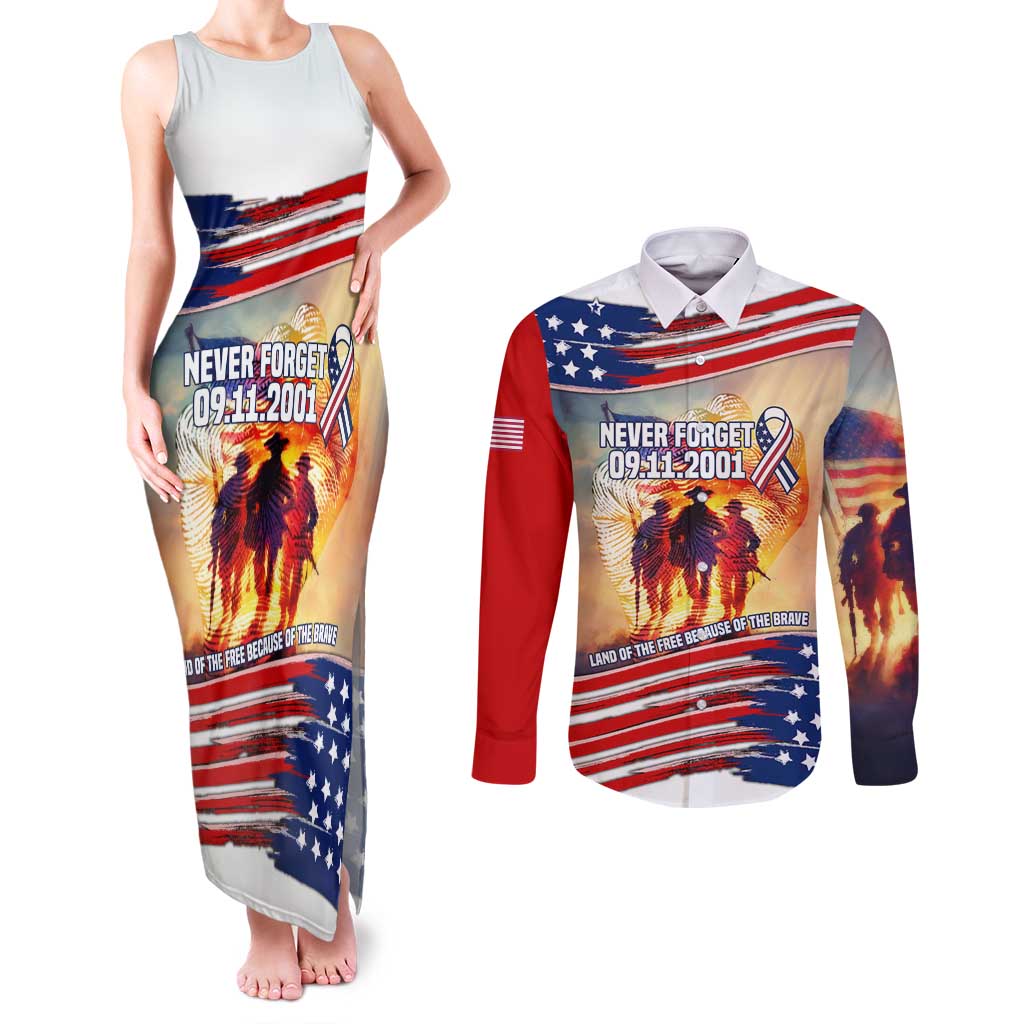 911 Memorial Patriot Day Couples Matching Tank Maxi Dress and Long Sleeve Button Shirt American Flag and Soldier Tribute Never Forget - Wonder Print Shop