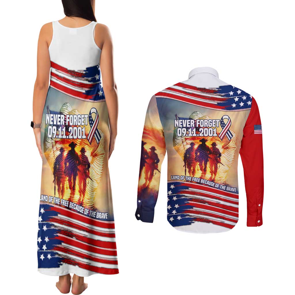 911 Memorial Patriot Day Couples Matching Tank Maxi Dress and Long Sleeve Button Shirt American Flag and Soldier Tribute Never Forget - Wonder Print Shop