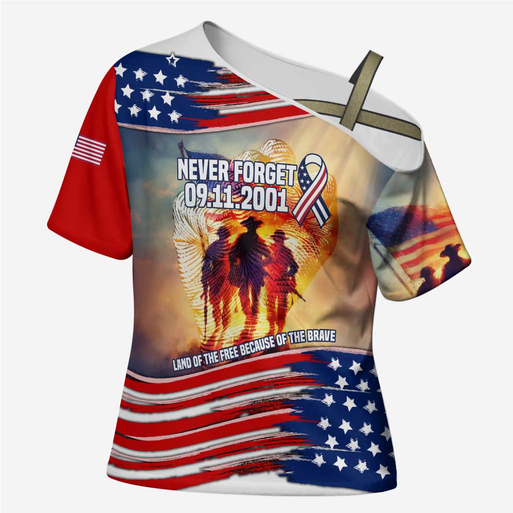 911 Memorial Patriot Day Cross Shoulder Shirt American Flag and Soldier Tribute Never Forget - Wonder Print Shop