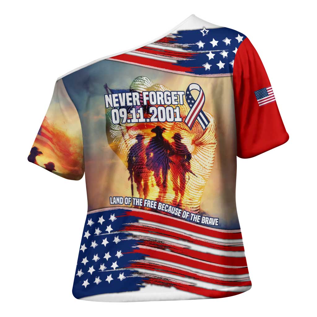 911 Memorial Patriot Day Cross Shoulder Shirt American Flag and Soldier Tribute Never Forget - Wonder Print Shop