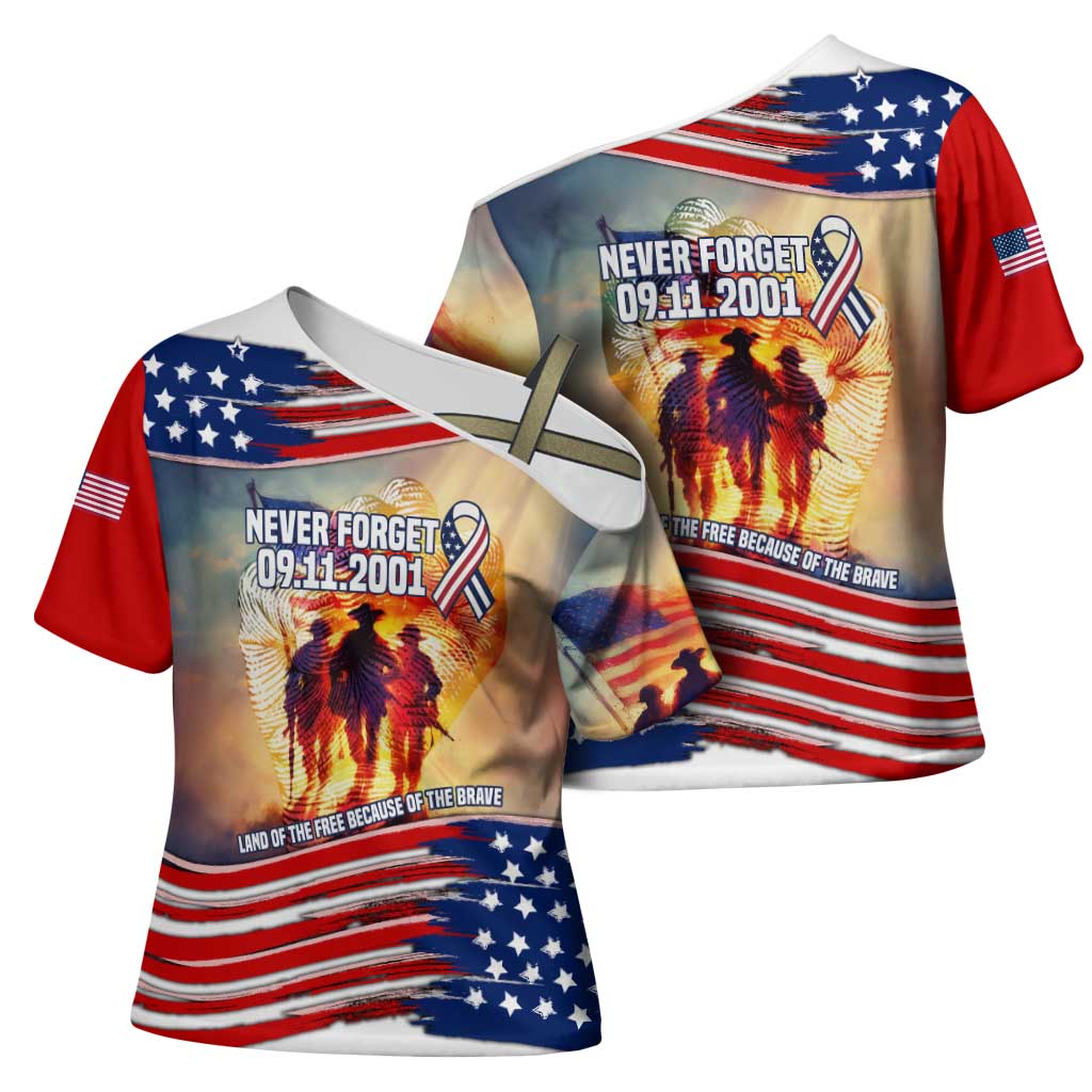 911 Memorial Patriot Day Cross Shoulder Shirt American Flag and Soldier Tribute Never Forget - Wonder Print Shop