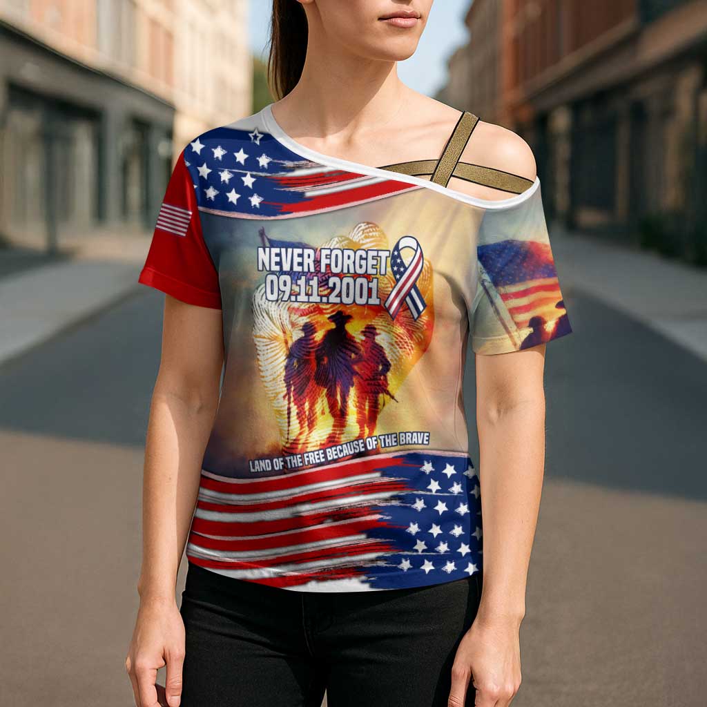 911 Memorial Patriot Day Cross Shoulder Shirt American Flag and Soldier Tribute Never Forget - Wonder Print Shop