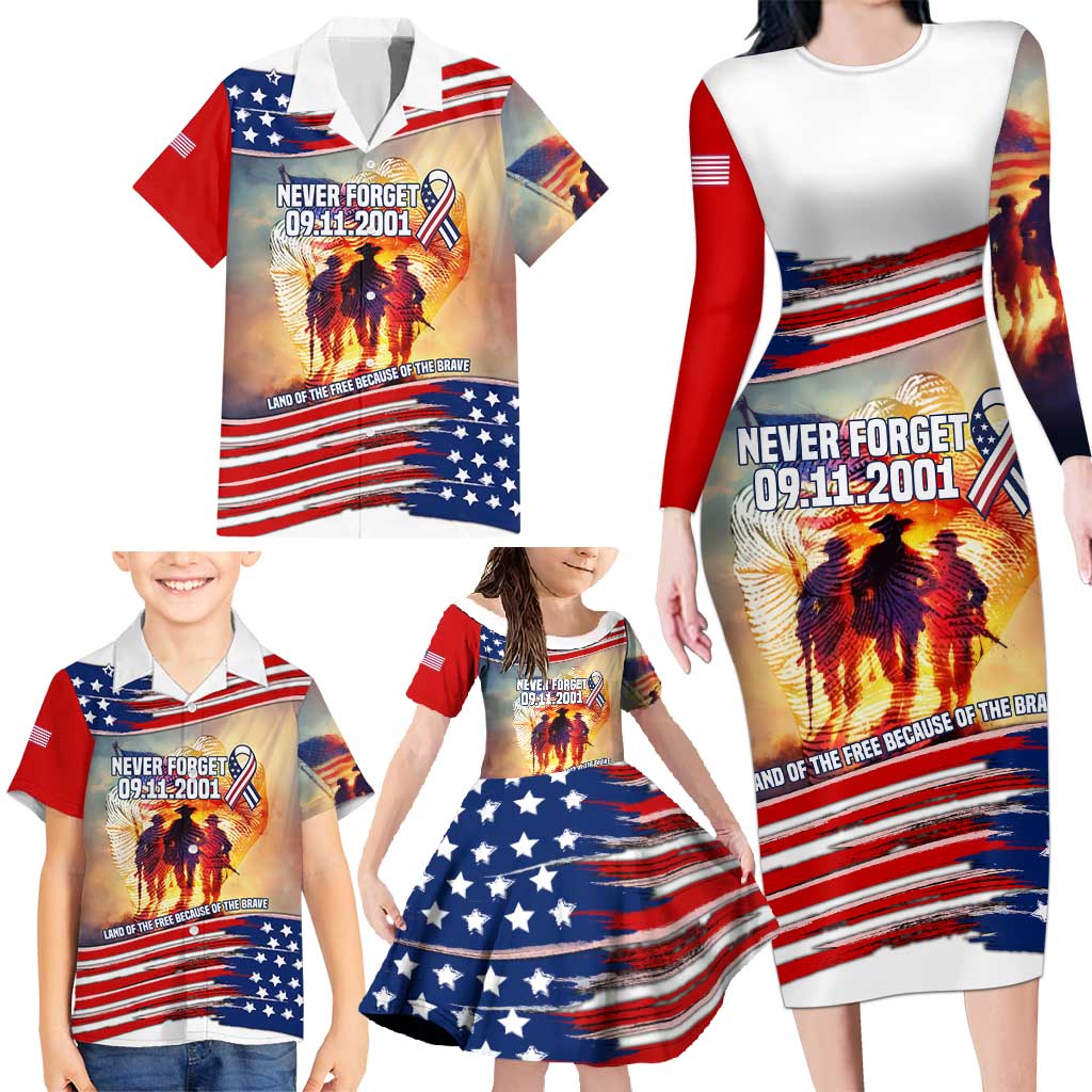 911 Memorial Patriot Day Family Matching Long Sleeve Bodycon Dress and Hawaiian Shirt American Flag and Soldier Tribute Never Forget - Wonder Print Shop