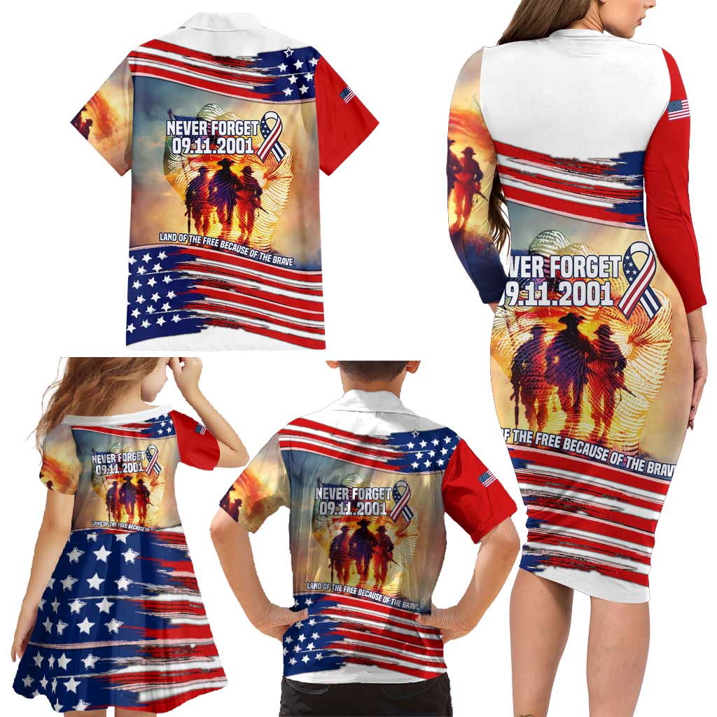 911 Memorial Patriot Day Family Matching Long Sleeve Bodycon Dress and Hawaiian Shirt American Flag and Soldier Tribute Never Forget - Wonder Print Shop