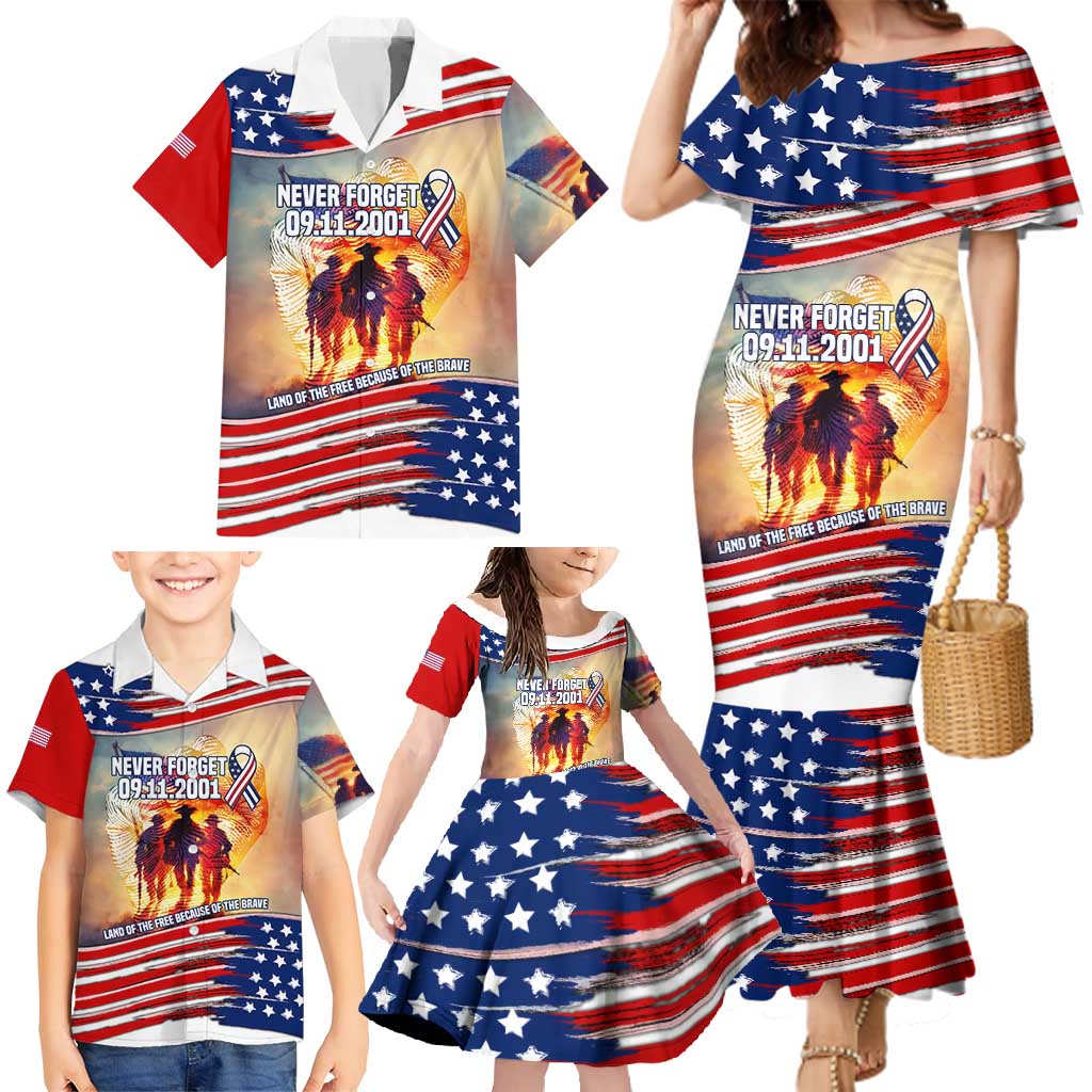 911 Memorial Patriot Day Family Matching Mermaid Dress and Hawaiian Shirt American Flag and Soldier Tribute Never Forget - Wonder Print Shop