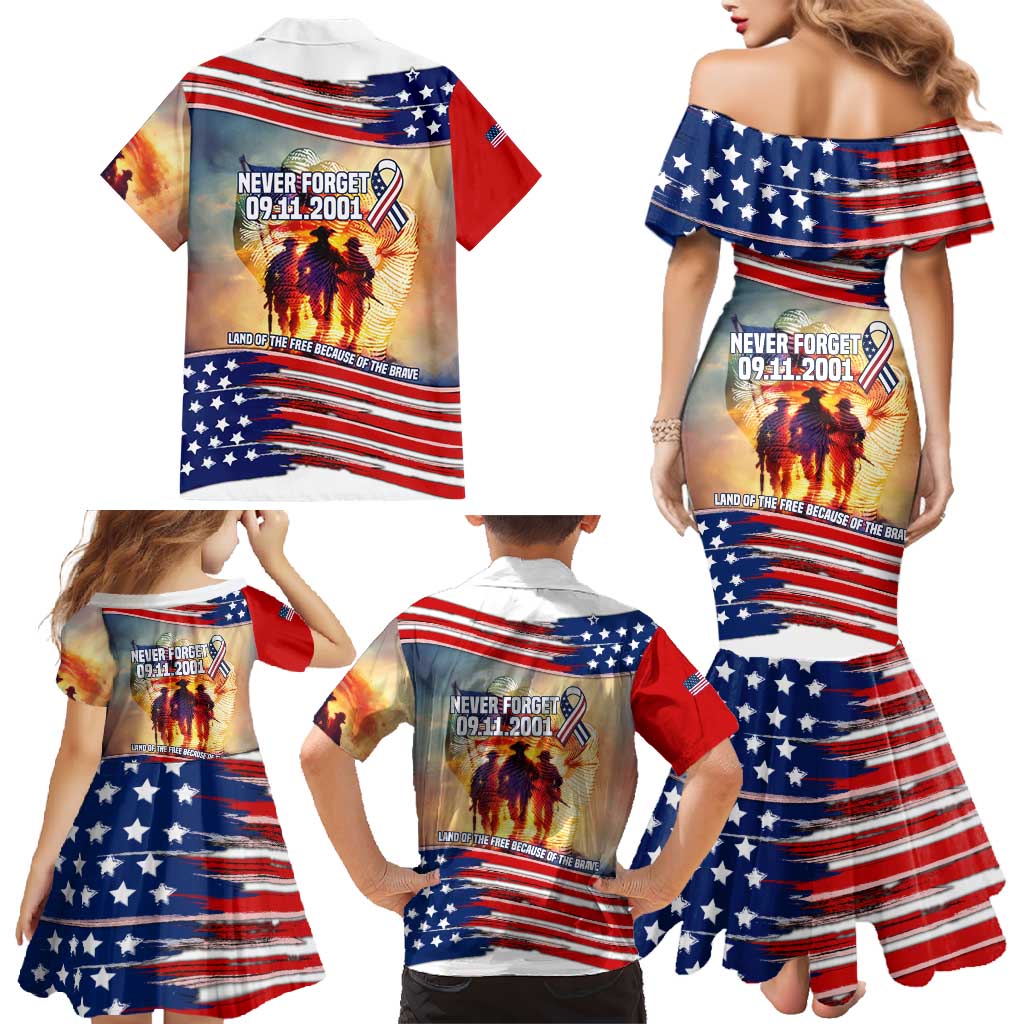 911 Memorial Patriot Day Family Matching Mermaid Dress and Hawaiian Shirt American Flag and Soldier Tribute Never Forget - Wonder Print Shop