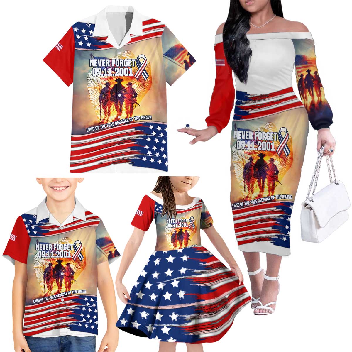 911 Memorial Patriot Day Family Matching Off The Shoulder Long Sleeve Dress and Hawaiian Shirt American Flag and Soldier Tribute Never Forget - Wonder Print Shop