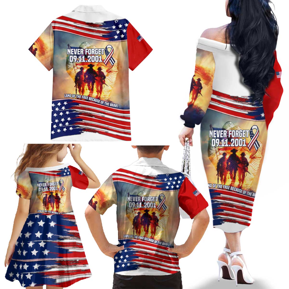 911 Memorial Patriot Day Family Matching Off The Shoulder Long Sleeve Dress and Hawaiian Shirt American Flag and Soldier Tribute Never Forget - Wonder Print Shop