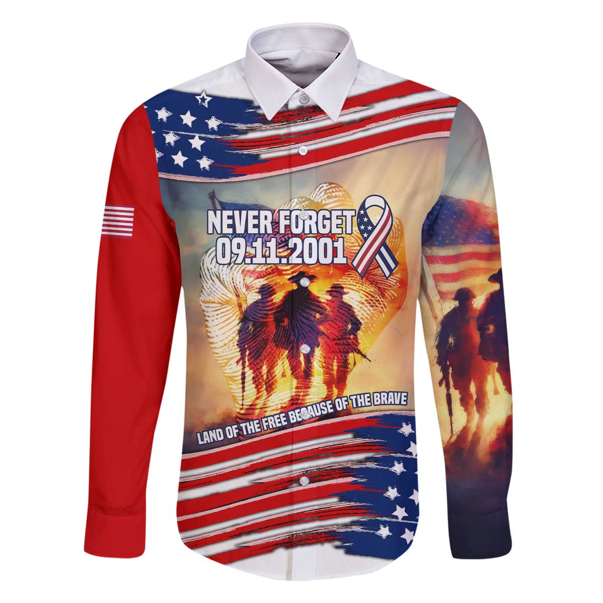 911 Memorial Patriot Day Family Matching Off The Shoulder Long Sleeve Dress and Hawaiian Shirt American Flag and Soldier Tribute Never Forget - Wonder Print Shop