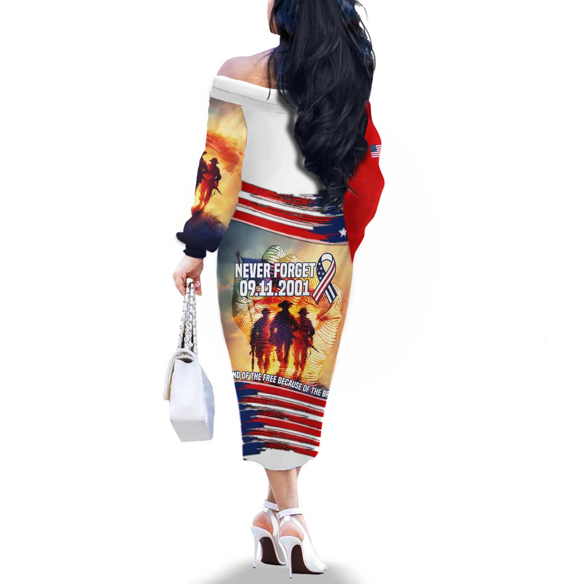 911 Memorial Patriot Day Family Matching Off The Shoulder Long Sleeve Dress and Hawaiian Shirt American Flag and Soldier Tribute Never Forget - Wonder Print Shop