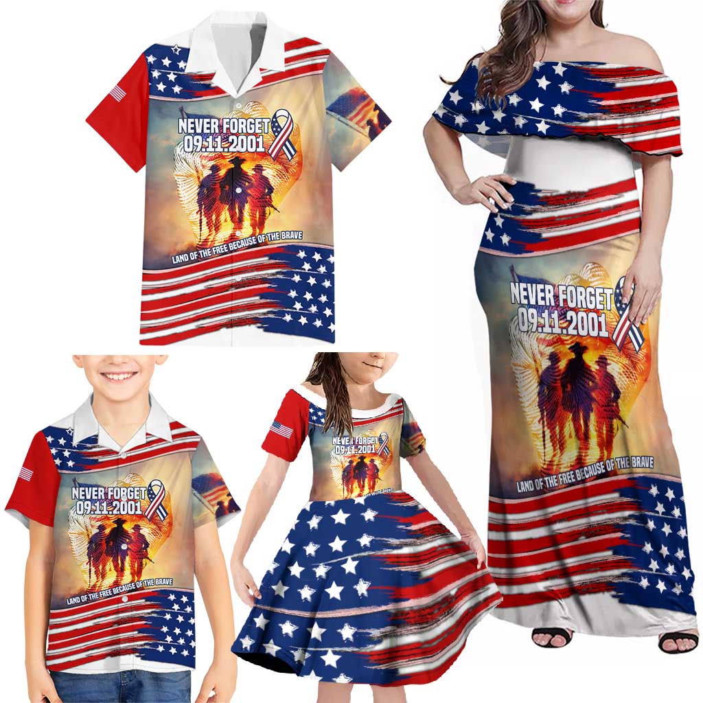 911 Memorial Patriot Day Family Matching Off Shoulder Maxi Dress and Hawaiian Shirt American Flag and Soldier Tribute Never Forget - Wonder Print Shop