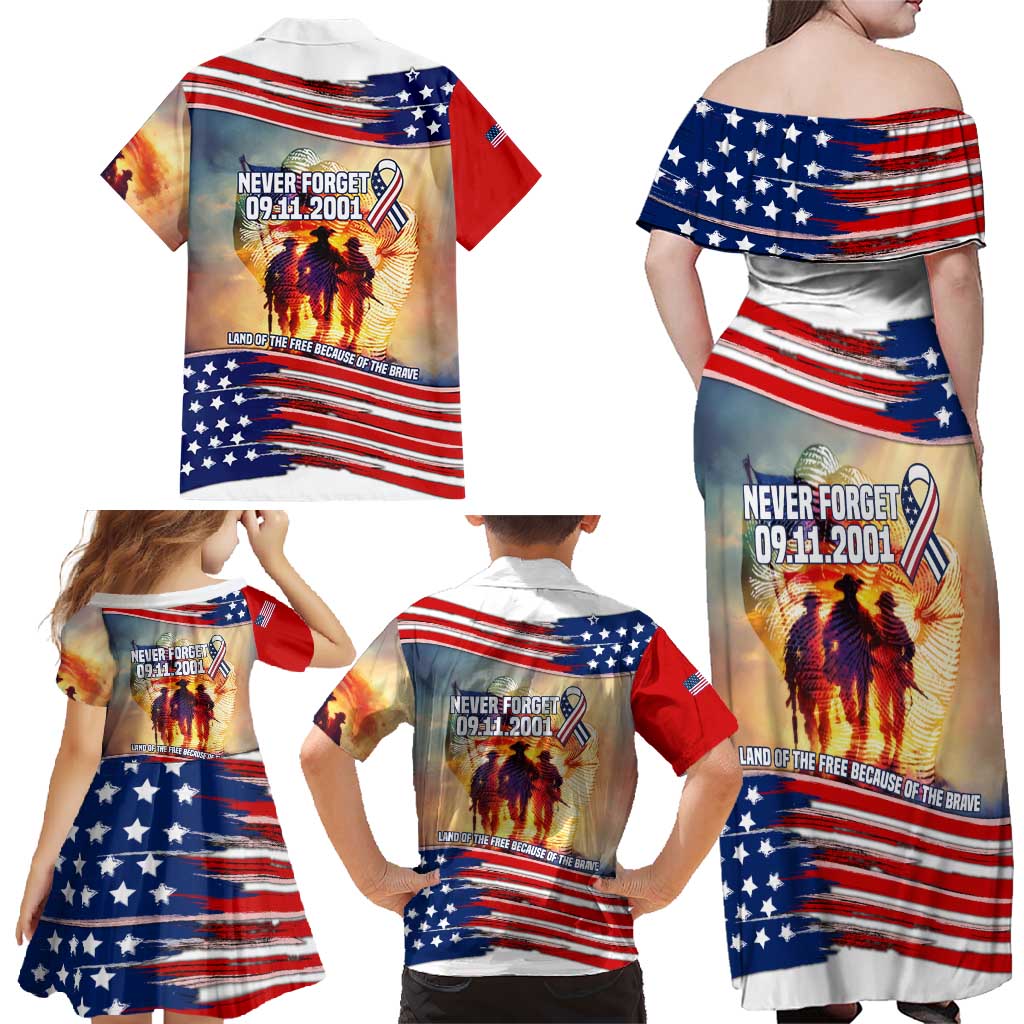 911 Memorial Patriot Day Family Matching Off Shoulder Maxi Dress and Hawaiian Shirt American Flag and Soldier Tribute Never Forget - Wonder Print Shop