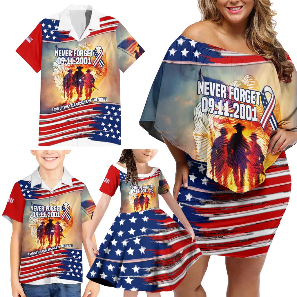 911 Memorial Patriot Day Family Matching Off Shoulder Short Dress and Hawaiian Shirt American Flag and Soldier Tribute Never Forget - Wonder Print Shop