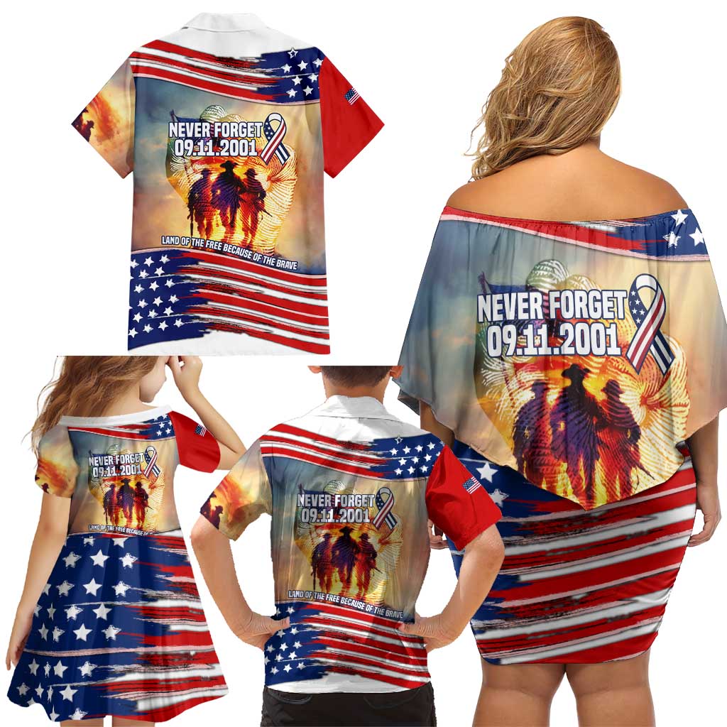 911 Memorial Patriot Day Family Matching Off Shoulder Short Dress and Hawaiian Shirt American Flag and Soldier Tribute Never Forget - Wonder Print Shop
