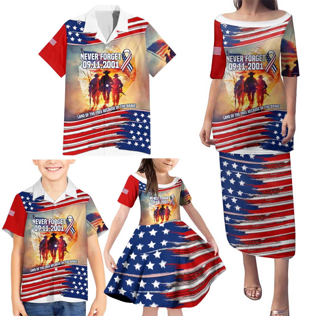 911 Memorial Patriot Day Family Matching Puletasi and Hawaiian Shirt American Flag and Soldier Tribute Never Forget - Wonder Print Shop