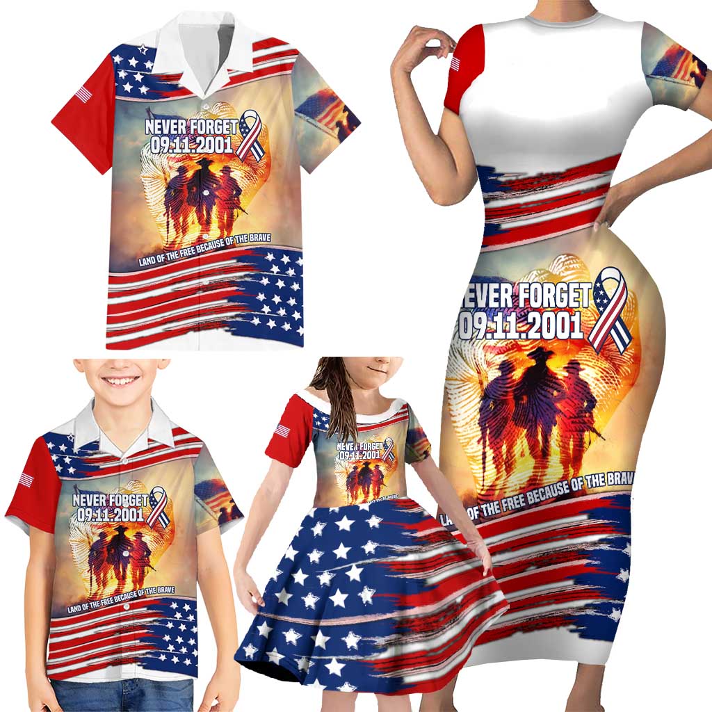 911 Memorial Patriot Day Family Matching Short Sleeve Bodycon Dress and Hawaiian Shirt American Flag and Soldier Tribute Never Forget - Wonder Print Shop
