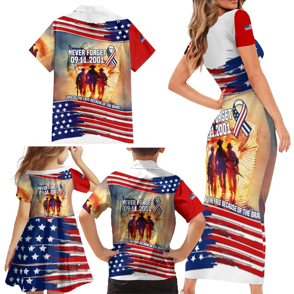 911 Memorial Patriot Day Family Matching Short Sleeve Bodycon Dress and Hawaiian Shirt American Flag and Soldier Tribute Never Forget - Wonder Print Shop